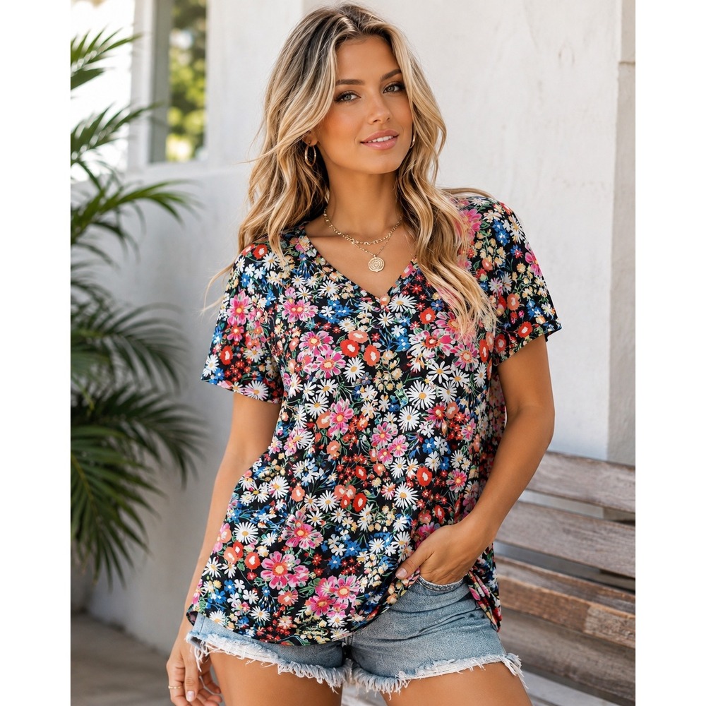 NWT Ritera Design Womens 3XL Floral V-Neck Tunic Top Black Multi Wildflower
